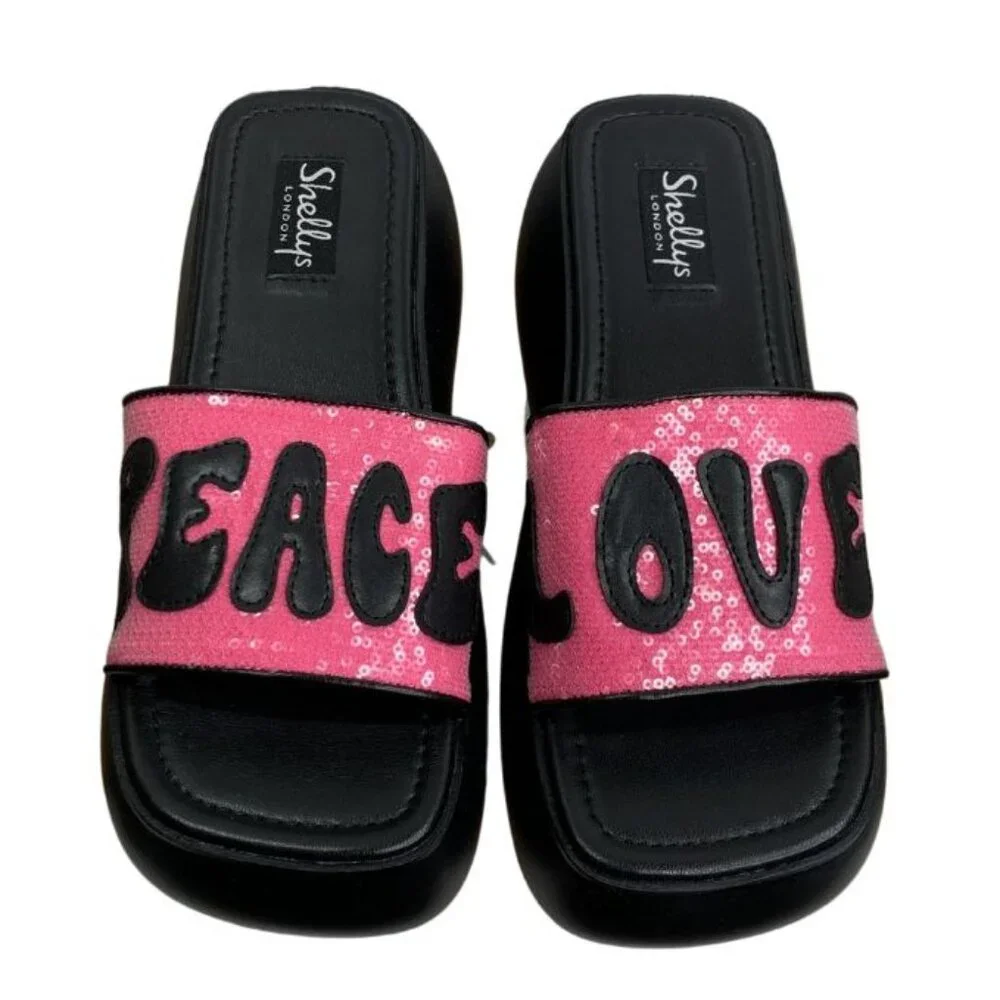 Shellys London Sequin Andi Flatform Mules Pink Women's Size 9 Peace, Love NWB - Picture 4 of 11